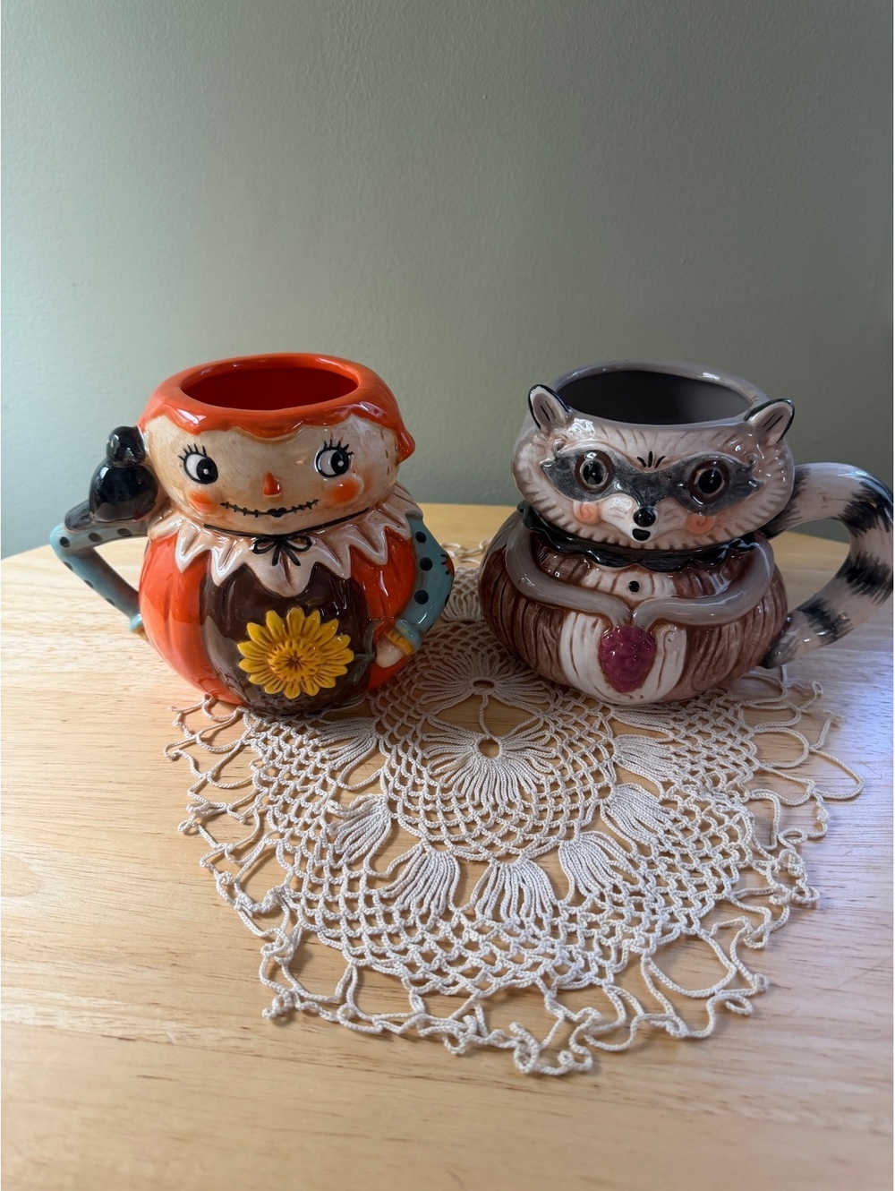 Set of 2 Johanna Parker Halloween Mugs - Scarecrow and Raccoon Designs